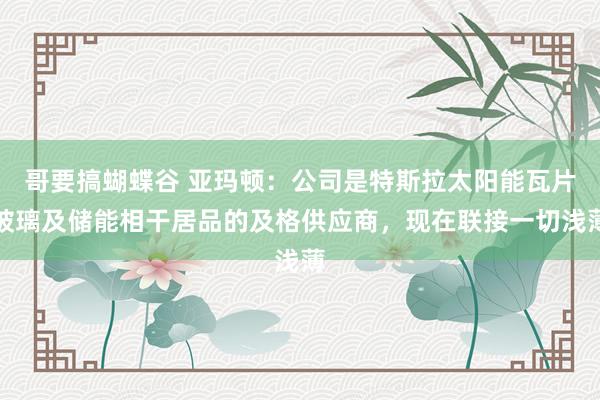 哥要搞蝴蝶谷 亚玛顿：公司是特斯拉太阳能瓦片玻璃及储能相干居品的及格供应商，现在联接一切浅薄